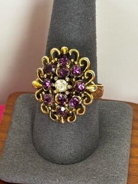 Vintage Gold-Tone Floral Cluster Statement Ring Purple & Clear Stones Adjustable